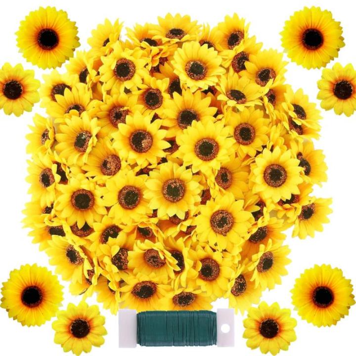 120 stuks kunstmatige zonnebloemhoofden faux zonnebloemhoofden in geel, 6,8 cm en 3,5 cm zonnebloemen zijde plastic planten voor huis tuin bruiloft feest decoratie krans DIY Craft