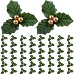 50pcs Gold Weihnachten Ornamente Set Mini Faux Holly & Berry Dekoration DIY Weihnachtsblumen Dekor mit Drahthalterung für schwimmende Kerzen Vase Urlaubsdekor, Weihnachtsschmuck