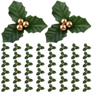 50pcs Gold Weihnachten Ornamente Set Mini Faux Holly & Berry Dekoration DIY Weihnachtsblumen Dekor mit Drahthalterung für schwimmende Kerzen Vase Urlaubsdekor, Weihnachtsschmuck