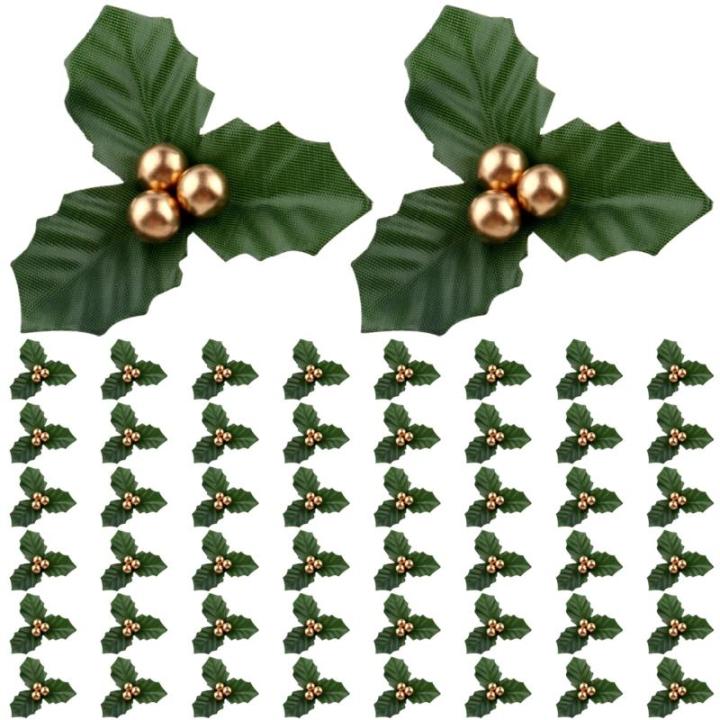 50pcs Gold Weihnachten Ornamente Set Mini Faux Holly & Berry Dekoration DIY Weihnachtsblumen Dekor mit Drahthalterung für schwimmende Kerzen Vase Urlaubsdekor, Weihnachtsschmuck