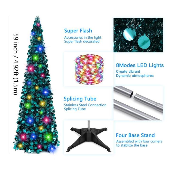 Kerstboom, inklapbaar, 152 cm, openklapbaar, blauwe lametta, kustkerstboom voor feestdagen, kerstdecoratie, woondecoratie, kantoordecoratie