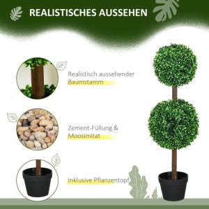 , set van 2 buxusboom, 90 cm kunstplant met dubbele bal, uv-bestendige kamerplant, kunstboom, plantendecoratie voor binnen en buiten, groen