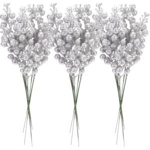 24er-Pack Kunstglitter Stechpalmenbeerenzweige, dekorative Obststäbe, glänzende Stiele, Picks, Zweige für Weihnachtsbaum, kleine Vase, Feiertage, Hochzeit, Party, 11 Zoll.Silber