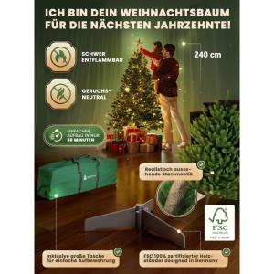 Kunstkerstboom [100% spuitgiet] - natuurgetrouwe dennenboom met stabiele punt | Premium Nordmann spar incl. FSC-gecertificeerde houten standaard en scheurbestendige tas (met verlic
