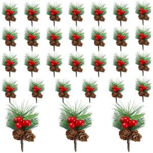 30 stuks kunstdennentakken met bessen, kleine kerstbessen, kunstmatige dennentakken, kerstrode bessentakken voor kerstdecoratie buiten, binnen, kunstdennentakken
