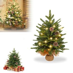 Künstlicher Tisch Mini Weihnachtsbaum Kleiner mit Beleuchtung LED Warm Weiß 60cm Christbaum Künstlich Weihnachtsbaum (Typ A-PE+PVC gemischter Weihnachtsbaum)