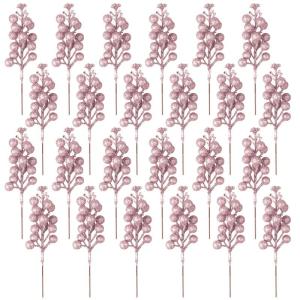 24 stuks glitter roze bessen stelen, kunstmatige rode bessen plukken, glitter, roze bessen, takken, kerstbessen, steel, picks voor kerstboom, doe-het-zelf, knutselen, bruiloft, vak