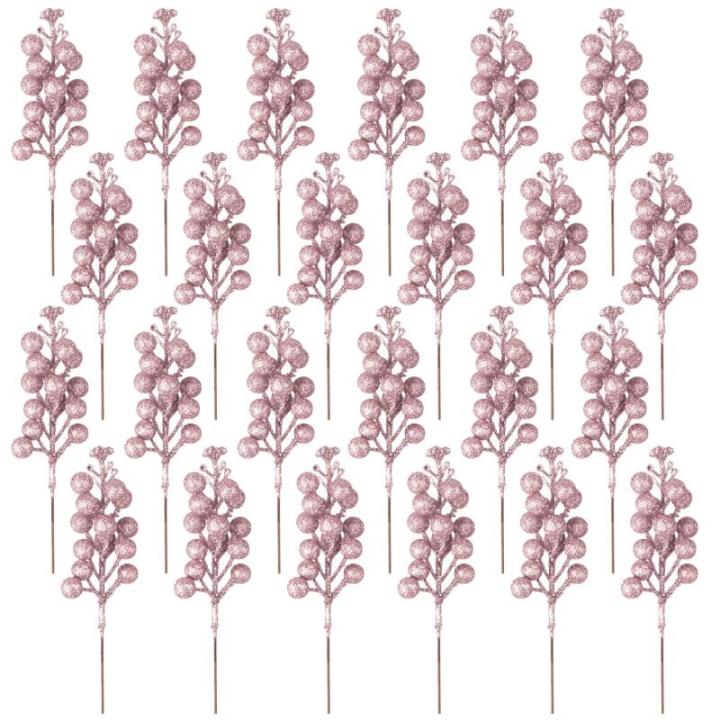 24 stuks glitter roze bessen stelen, kunstmatige rode bessen plukken, glitter, roze bessen, takken, kerstbessen, steel, picks voor kerstboom, doe-het-zelf, knutselen, bruiloft, vak