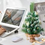 60 cm kunstkerstboom met sneeuwvlokkendecoratie, 2 soorten dennenbladeren, 65 punten, linnen katoen en cementbasis voor kerstdecoraties