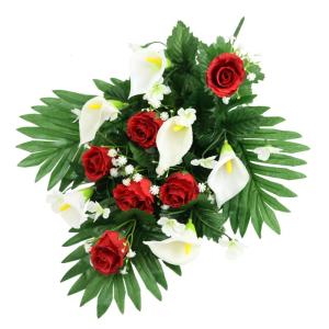 Grableger grafdecoratie met kunstrozen en calla, 48 cm, kunstbloem, grafdecoratie, begraafplaats, begraafplaats, decoratie, rouwdecoratie, bloemstuk, tafeldecoratie, bloemstuk, zij