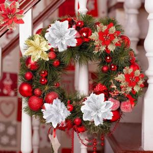 12 stuks kerstdecoratie, kunstbloemen voor Kerstmis, kerstster, kunstdecoratie, bloemen, fonkelende kerstster, bloemen, glitter, kerstboomdecoratie (rood + goud)