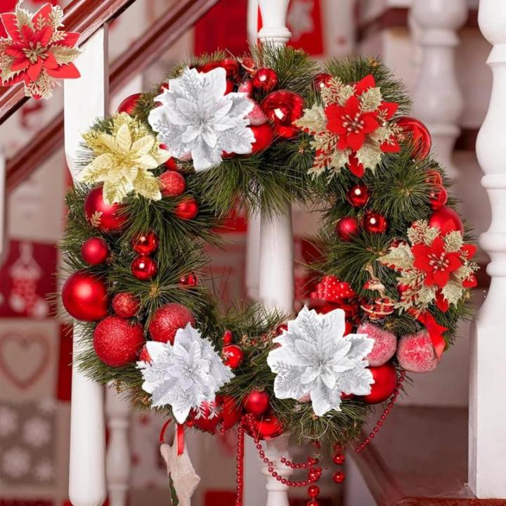 12 stuks kerstdecoratie, kunstbloemen voor Kerstmis, kerstster, kunstdecoratie, bloemen, fonkelende kerstster, bloemen, glitter, kerstboomdecoratie (rood + goud)