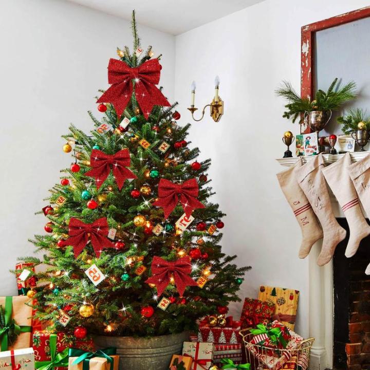 1 + 4 stuks rode strikken kerstkerstboomstrikken, glitter kerstboomversiering voor familiefeesten, feestdecoratie voor Kerstmis, vakantie, bruiloft, feesten (2 maat)