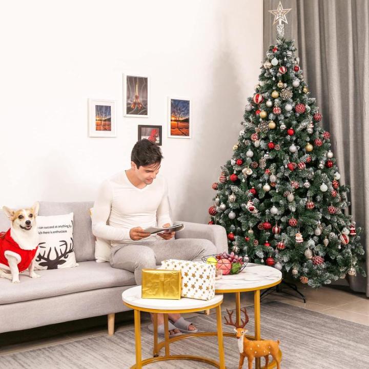 Kunstkerstboom met verlichting, witte sneeuw, led-dennenboom voor kerstdecoratie, 210 cm
