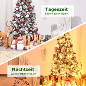 Kunstkerstboom met sneeuw en warmwitte ledverlichting, dennenboom met metalen standaard, pvc-naalden, kunstboom, klapsysteem, 180 cm