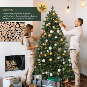Kunstkerstboom 180 cm met warme LED-verlichting en houten standaard, PE spuitgietwerk en PVC dennenboom (Ø ca. 120 cm) met snelopbouw-klapsysteem
