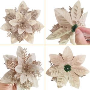 Poinsettia kerstster met glitters, 20 stuks, kerstbloemen, glinsterend voor kerstboomdecoraties (champagne)
