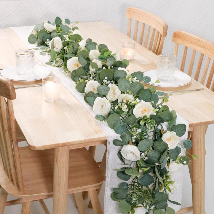 Kunstbloemenkrans, bruiloft, rozenkrank, slingers, 2 stuks, kunstbloemen, eucalyptus, hangende slinger, witte kunstplant voor achtergrond, feestdecoratie (wit, 4 stuks)