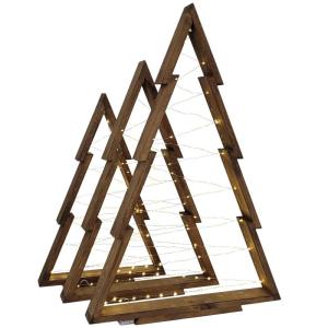 Houten kerstboom set XLL 3 stuks met LED-verlichting. Decoratie voor Kerstmis in de hoogtes 113cm, 90cm, 78cm. Kerstdecoraties Feestelijke bomen binnen en buiten wengé, donkerbrui