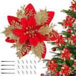 12 stuks kerstdecoratie, kunstbloemen voor Kerstmis, kerstster, kunstdecoratie, bloemen, fonkelende kerstster, bloemen, glitter, kerstboomdecoratie (rood + goud)