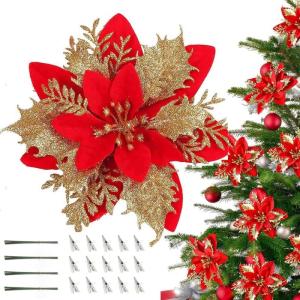 12 stuks kerstdecoratie, kunstbloemen voor Kerstmis, kerstster, kunstdecoratie, bloemen, fonkelende kerstster, bloemen, glitter, kerstboomdecoratie (rood + goud)