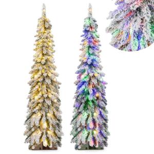 150 cm potlood kerstboom met sneeuw, leds in warm wit en kleurrijk | 11 lichtmodi | timer, kunstkerstboom met verlichting en metalen standaard, kerstboom kunstboom Kerstmis