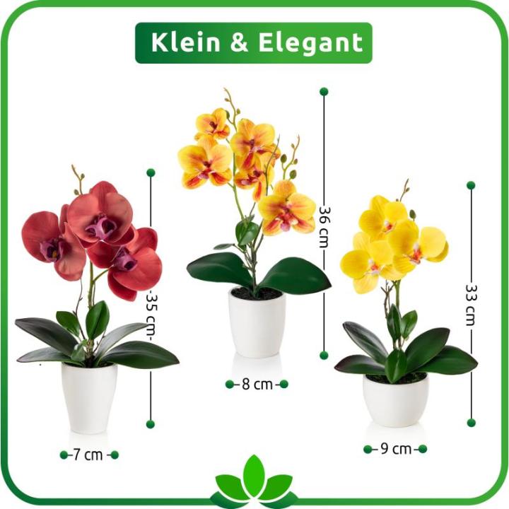 in pot (35 cm), set van 3 kunstorchideeën, kunstmatig afgestemde arrangement in hoogglans-keramische potten, decoratieve , kunstorchideeën (rood, oranje, geel)