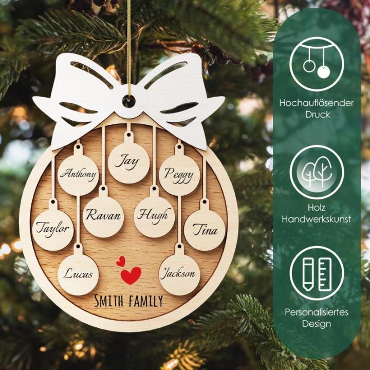 Gepersonaliseerde kersthangers met 7 namen - 2023 houten kerstboomversiering gepersonaliseerde familie, partner huisdier en vrienden
