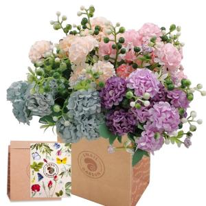 SNAILGARDEN 40 koppen kunstmatige hortensia bloemen, 4 stuks nepzijden mini-hortensia met 1 vaas kraftpapieren zak-mini kunstmatige chrysantbal perfect voor thuiskantoor, bruiloft,