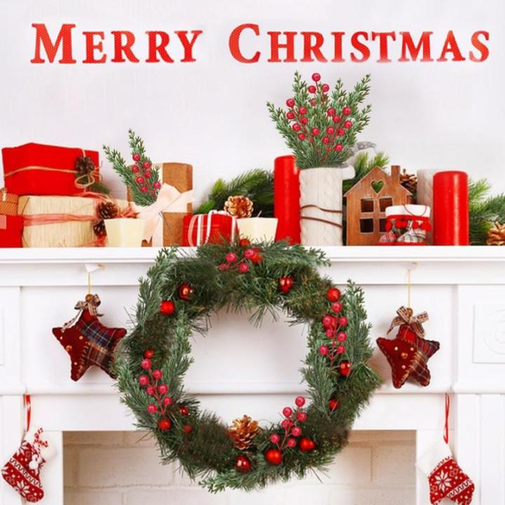 40 stuks kunstdennentakken met 10 rode bessenstelen, 22 cm, siliconen dennentakken, kunstmatig als echte decoratie, Kerstmis, strooidecoratie, dennen voor adventskrans, decoratie (