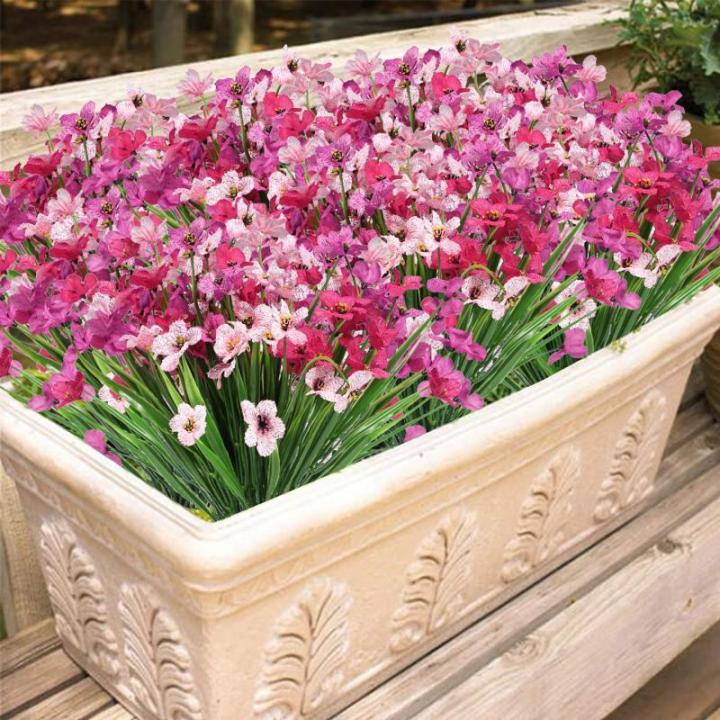 12Pcs Outdoor Nep Planten UV Bestand Plastic Faux Bloemen Planten Bloemen Bulk Voor Indoor Outdoor Opknoping Planter Tuin Venster Doos Thuis Bruiloft Decor