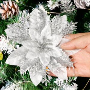 12 stuks glitter kerstster bloemen kerstbloemen met 12 stuks kunststof wortelstokken 12 stuks clips kunstglitter kerstboom bloemen voor kerstboom Nieuwjaar decoraties
