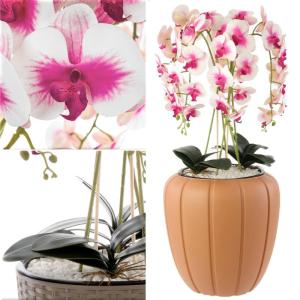 Kunstorchidee cascade bloemenboeket crèmerosa in pot, terracotta, 90 cm hoog, rubberen bloemen, 5 scheuten, decoratie voor thuiskantoor
