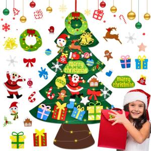 Vilten kerstboom voor kinderen, doe-het-zelf vilten kerstboomset, 3.2ft vilten kerstboom voor peuters met 25 stuks afneembare ornamenten en 5M LED-verlichting, wandhangende vilten 