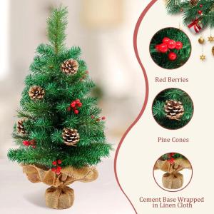 Kunstkerstboom, 60 cm, met dennenappels, rode bessen, groene dennenbladeren, 70 punten, linnen, katoen en cementbasis, voor kerstdecoraties