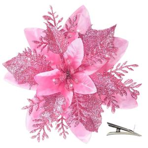 Poinsettia Kerstster, 20 stuks, glitter, kerstster, bloemen met clips, glitterende kerstbloem voor kerstboomdecoraties (roze)