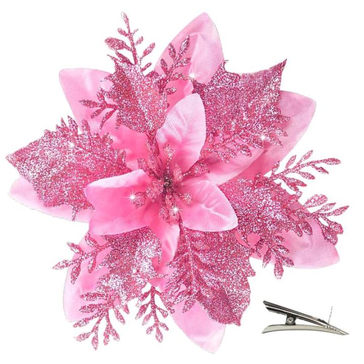 Poinsettia Kerstster, 20 stuks, glitter, kerstster, bloemen met clips, glitterende kerstbloem voor kerstboomdecoraties (roze)