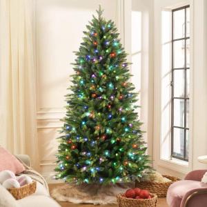 Kunstkerstboom van 210 cm met RGB-ledverlichting, afstandsbediening en realistische dennenlook, perfecte kerstdecoratie voor binnenruimtes, ideaal voor een feestelijke stemming