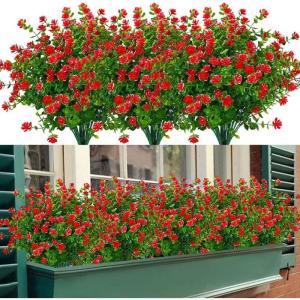 Kunstbloemen voor buiten, uv-bestendig, , bloemen in grote hoeveelheden voor het ophangen van plantenbakken, buiten, veranda, vaas, thuis, raamdecoratie, 6 bundels, rood