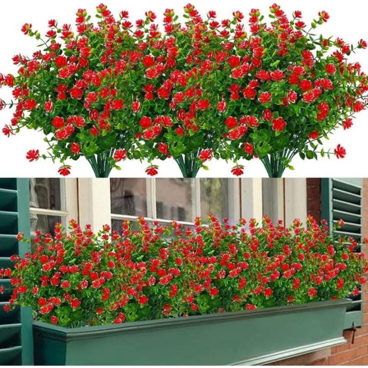 Kunstbloemen voor buiten, uv-bestendig, , bloemen in grote hoeveelheden voor het ophangen van plantenbakken, buiten, veranda, vaas, thuis, raamdecoratie, 6 bundels, rood