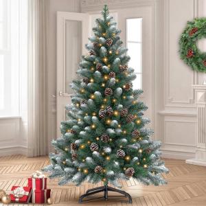 Kuro sagol Kunstkerstboom met sneeuw en dennenappels, moeilijk ontvlambare dennenboom met eenvoudige montage, stabiele kerstboomstandaard voor een realistische feestdecoratie