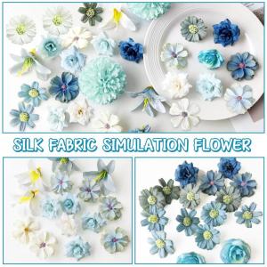 34 stuks om te knutselen, blauw, kleine bloemkoppen, 4 ~ 7 cm, mini , bloemhoofdjes, decoratie, zijden bloemen, , bloemendecoratie, rozen, hortensia's voor