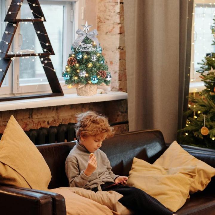 Mini-kerstboom Kleine kerstboom met verlichting, led, tafelkerstboom, klein, kunstmatig versierd, voor kerstdecoratie, 40 cm (blauw met zilver)