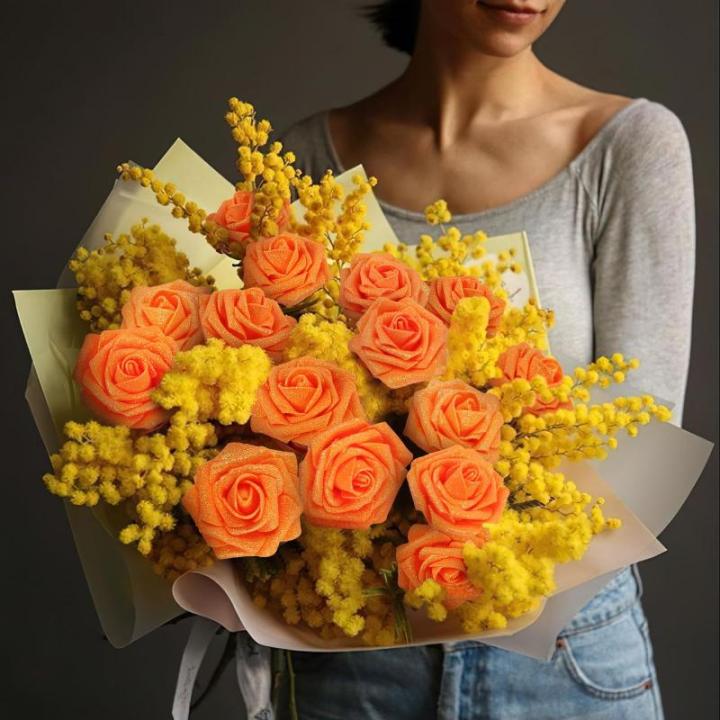 Kunstbloemen, 25 stuks, kunstrozen, bloemen met stengels, echte touch, kunstschuim, rozen voor bruiloft, boeketten, feest, kantoor, babyshower, woondecoratie, oranje