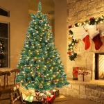 Kunstkerstboom, dennenboom met verlichting, led, warm wit, incl. metalen standaard, pvc-kerstboom voor kerstdecoratie, herbruikbaar (sneeuweffect + dennenappels + led, 210 cm)