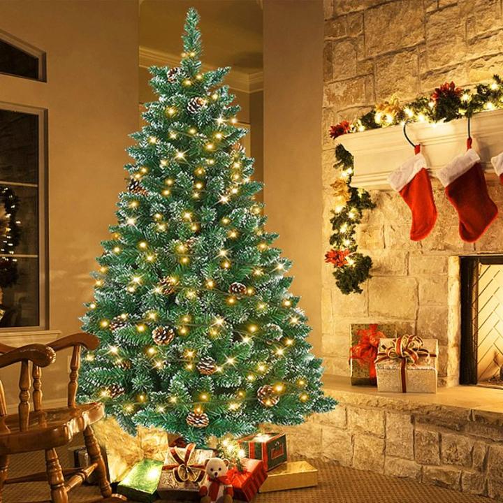 Kunstkerstboom met verlichting, 150 cm, pvc, kunstkerstboom met 180 leds en standaard, kunstkerstdecoratie, met sneeuw en dennenappels