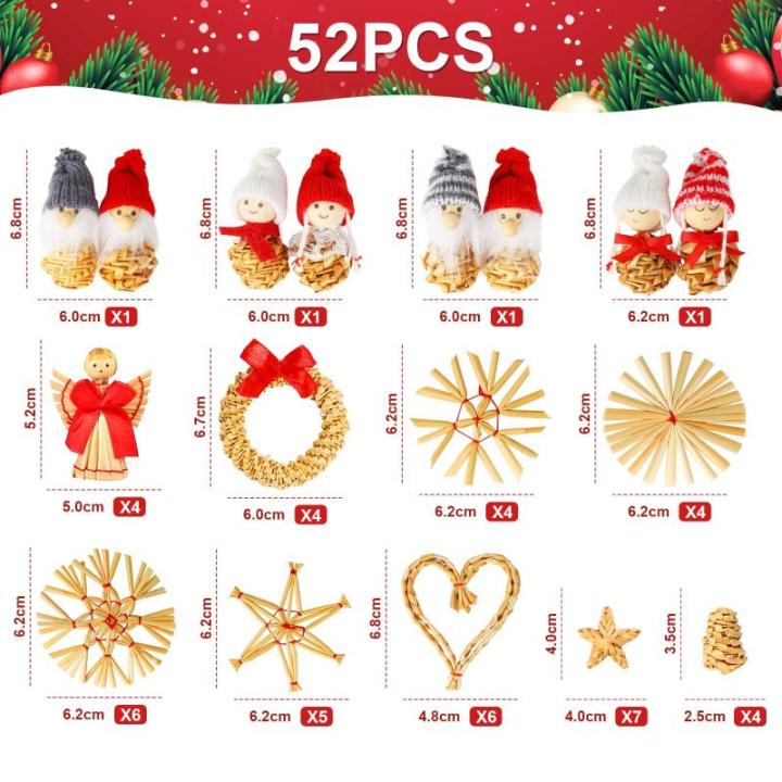 52 stuks kerstboomversiering stro stroster, kerstboomversiering stro natuurlijke kerstboomhanger kerstdecoratie