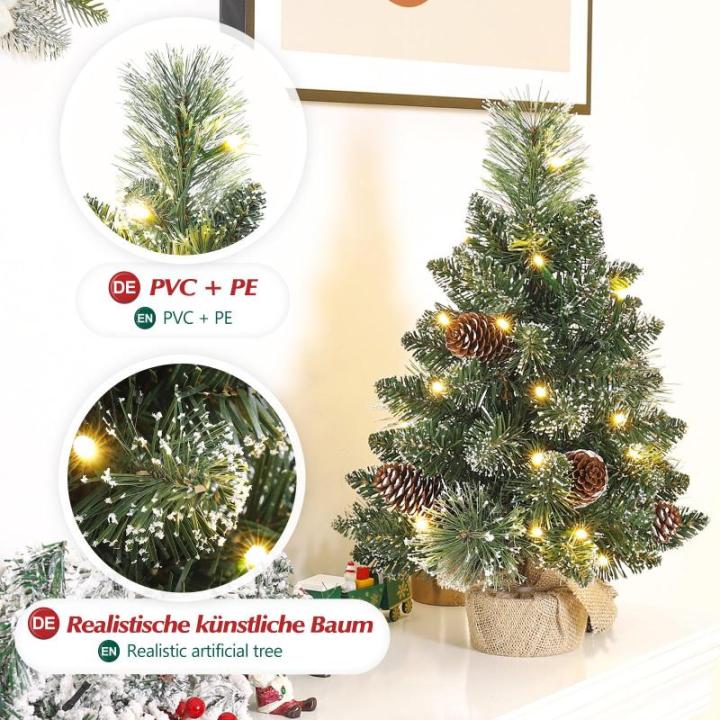 Mini-kerstboom met verlichting, led en witte sneeuw, 40 cm dennenboom met sterboompiek en echte dennenappels, voor kerstdecoratie, advent