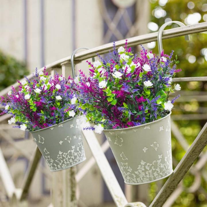 6Pcs Outdoor UV Bestand Planten Plastic Faux Bloemen Planten Indoor Outdoor Groen Struiken Voor Opknoping Planter Tuin Venster Doos Thuis Bruiloft Decor