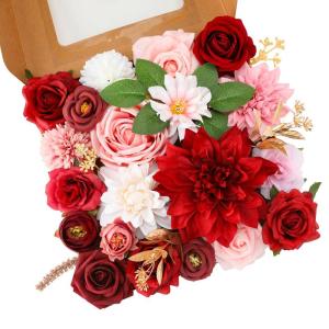 Künstliche Blumen Combo Rote Blumen Mix Seidenblumen Dahlie Rosen mit Stielen für DIY Hochzeit Brautsträuße Babyparty Blumenarrangement Tischaufsätze Heimdekorationen